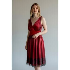 Morgan & Co Vintage Midi Dress Women's 9/10 Satin Tulle Red Black Babydoll Y2K